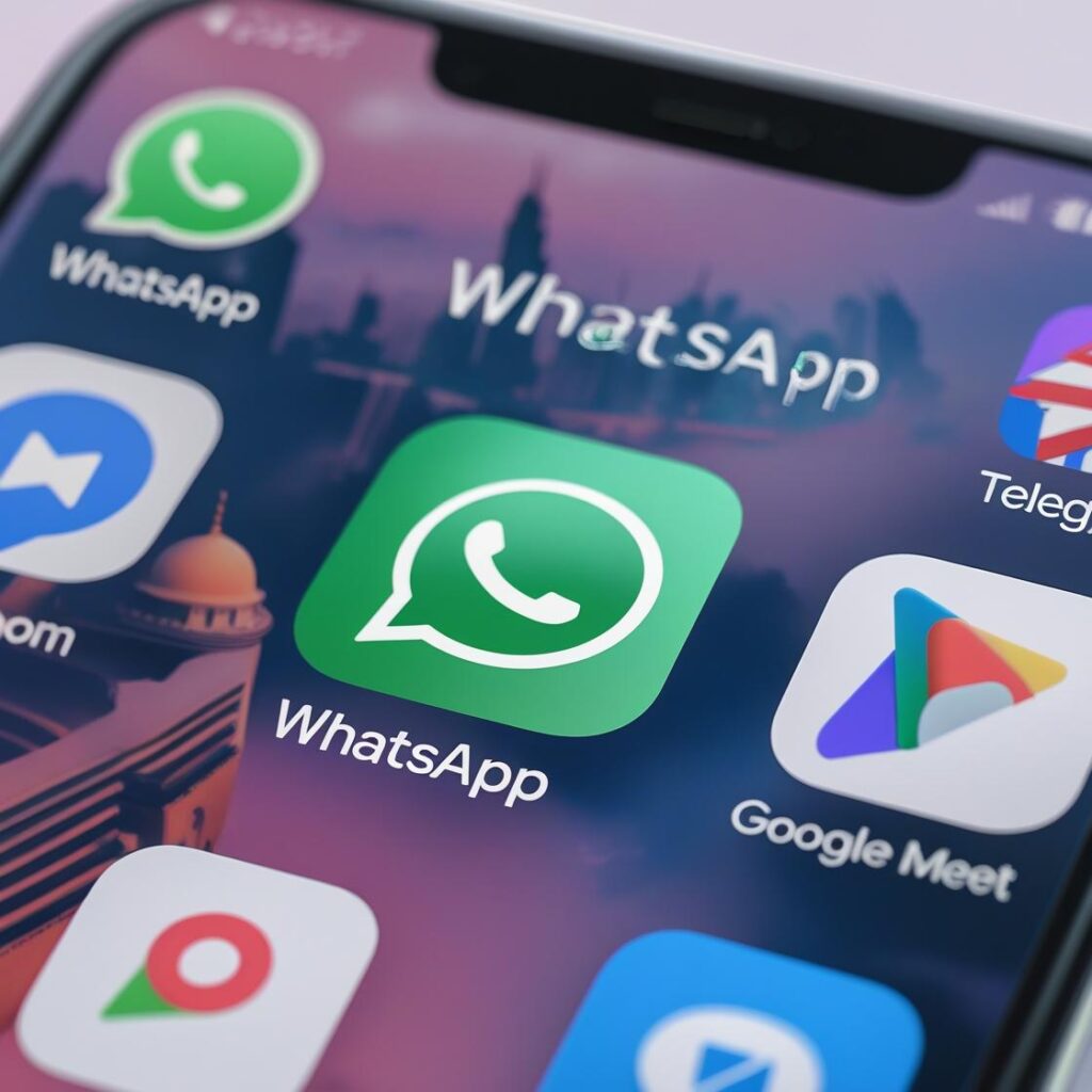 Smartphone screen displaying communication app icons (WhatsApp, Botim, Telegram) with UAE background, illustrating connectivity options