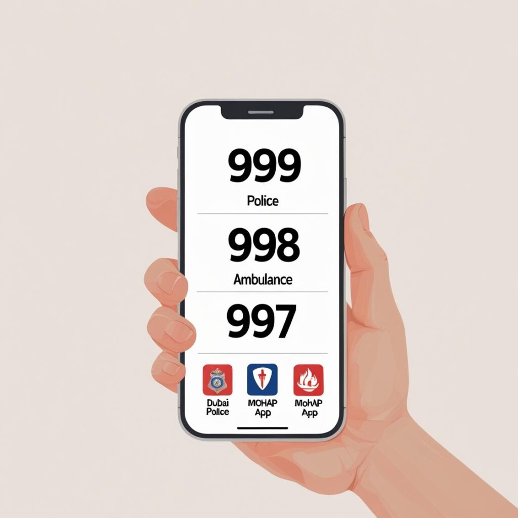 Smartphone displaying emergency numbers and icons for Dubai Police and MoHAP apps, highlighting safety in UAE