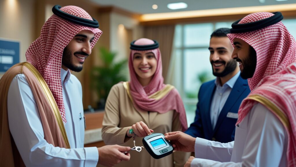 Tourists learning about Saudi Arabia tourist rights at hotel reception