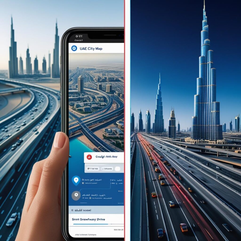 Smartphone displaying a navigation app map with real-time traffic, overlaid on a busy Dubai highway intersection