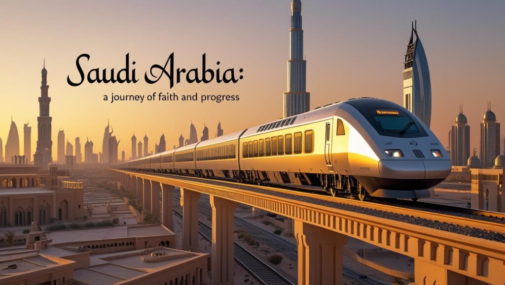 High-speed Haramain Railway train traveling through a futuristic Saudi Arabian cityscape at sunset, featuring Islamic architecture and modern landmarks including the Kingdom Tower