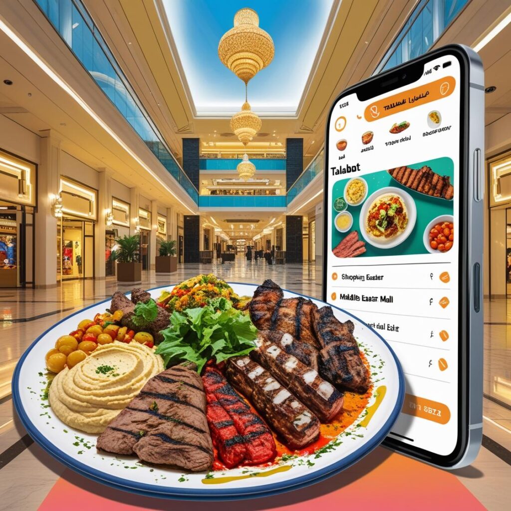 Collage of a shopping mall, diverse food, and a smartphone with food delivery app, representing UAE retail and culinary experiences