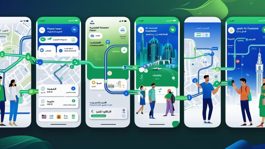 Mobile app interface showing Riyadh Metro navigation, live train tracking, and destination discovery features with city landmarks like the Kingdom Tower in the background.