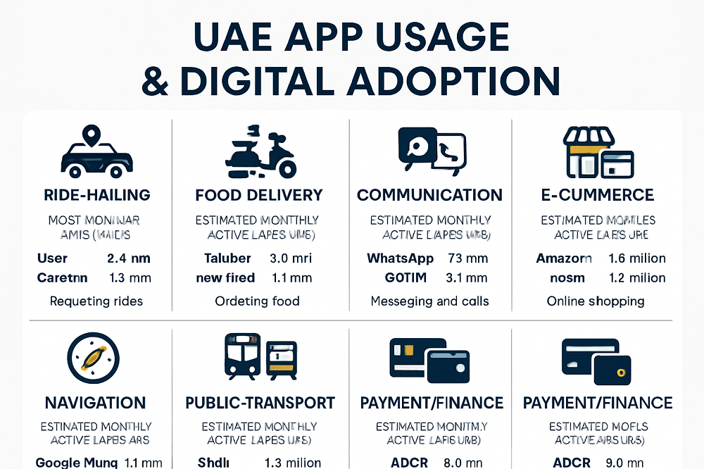 Infographic summarizing essential travel app categories (navigation, communication, transport, dining) for the UAE